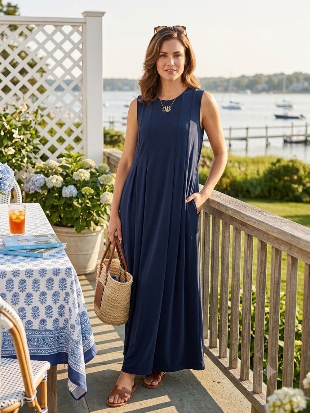 NWOT J Mclaughlin Maxi Dress Navy XL Coastal Preppy Beachy Minimalist Lagenlook
